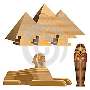 Egyptian pyramids, ancient sphinx and sarcophagus of pharaoh