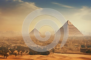 Egyptian pyramids of Giza at sunset, Cairo, Egypt, Egypt. Cairo - Giza. General view of pyramids and cityscape from the Giza