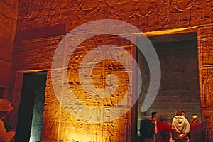 Egyptian Relief and Tourists inside Philae Temple