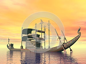 Egyptian sacred barge with tomb - 3D render