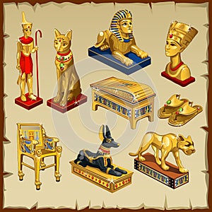 Egyptian set statues made of gold, eight items
