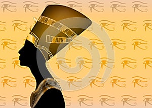 Egyptian silhouette icon. Queen Nefertiti. Vector portrait Profile with gold jewels and precious stones