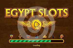 Egyptian slots on background and casino icons. Button play and loading game