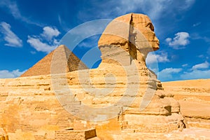 Egyptian sphinx. Cairo. Giza. Egypt. Travel background. Architectural monument. The tombs of the pharaohs. Vacation holidays back photo