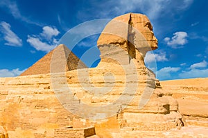 Egyptian sphinx. Cairo. Giza. Egypt. Travel background. Architectural monument. The tombs of the pharaohs. Vacation holidays back