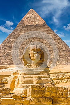 Egyptian sphinx. Cairo. Giza. Egypt. Travel background. Architectural monument. The tombs of the pharaohs. Vacation holidays back