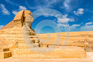 Egyptian sphinx. Cairo. Giza. Egypt. Travel background. Architectural monument. The tombs of the pharaohs. Vacation holidays back