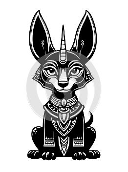 egyptian sphinx cat with egyptian ears and a pyramid. black isolated illustration
