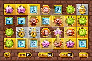 Egyptian style interface Match3 Games. Egypts precious multi-colored stones, game assets icons and gold buttons