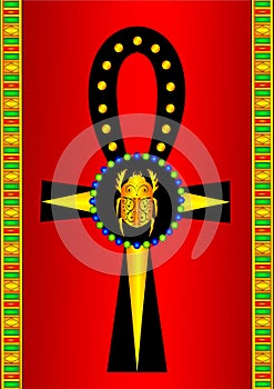 Egyptian symbol Ankh in modern style with a gold scarab