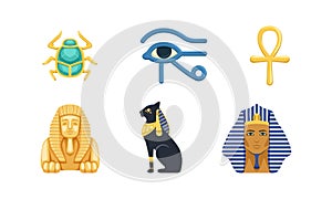 Egyptian Symbols with Eye of Horus, Scarab Beetle, Ankh, Black Cat Statue, Pharaoh and Sphinx Vector Set