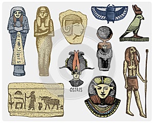 Egyptian symbols, pharaon, scorob, hieroglyphics and osiris head, god vintage, engraved hand drawn in sketch or wood cut