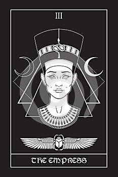 Egyptian tarot card The Empress with Nefertiti ancient Egyptian queen in gothic style hand drawn vector illustration