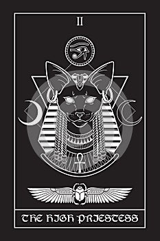 Egyptian tarot card The High Priestess with Bastet or Bast ancient Egyptian goddess sphynx cat in gothic style hand drawn vector
