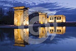 Egyptian temple reflection at night