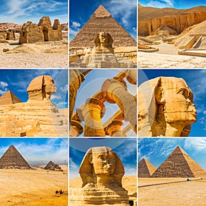 Egyptian travel collage. Square photographs sphinx, pyramids, tomb of the pharaohs, ancient ruins. Vacation holiday concept