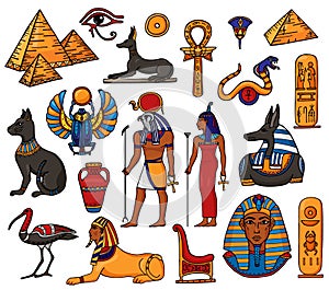 Egyptian vector pharaoh character ancient man woman god ra pyramid sphinx cat statue of Egypt culture historical