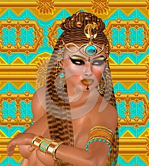 Egyptian woman, beads, beauty and gold in our digital art fantasy scene.