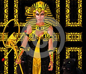 Egyptian Woman Pharaoh with black panther. Modern digital art fantasy.