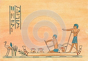 Egyptians on a boat, drawing of Egyptian fishermen on a boat, images of symbols.