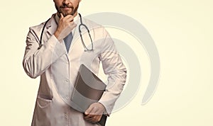ehealth concept. doctor hold laptop for ehealth. medical worker practicing ehealth. cropped view