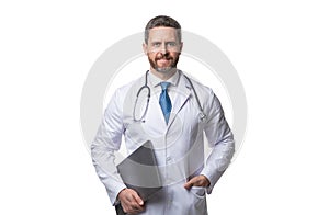 ehealth concept. happy doctor hold laptop for ehealth. medical worker practicing ehealth