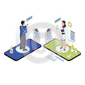 Ehealth futuristic technology isometric illustration. Cartoon patient, doctor holograms on smartphone screens. Telemedicine expert