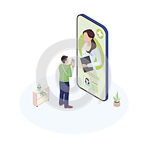 Ehealth smartphone app isometric illustration. Male patient communicating with personal medical specialist cartoon character.