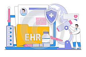 EHR - Electronic Health Record, Electronically-Stored Patient health information concept with doctor character. Outline design