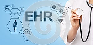 EHR Electronic Health record EMR Medical automation system Medicine Internet concept. Doctor with stethoscope. photo