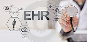 EHR Electronic Health record EMR Medical automation system Medicine Internet concept. Doctor with stethoscope.