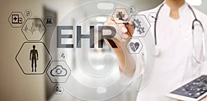 EHR Electronic Health record EMR Medical automation system Medicine Internet concept. Doctor with stethoscope. photo