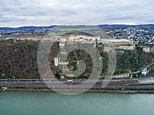 Ehrenbreitstein Fortress aerial panoramic view in Koblenz. Koblenz is city on Rhine, joined by Moselle river
