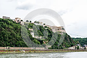 Ehrenbreitstein Fortress panoramic view in Koblenz. Koblenz is city on Rhine, joined by Moselle river