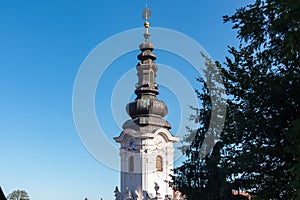 Ehrenhausen - Panoramic aerial view of Ehrenhausen town with the clock tower of the Catholic pilgrimage church