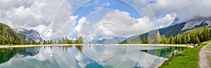 Ehrwalder Almsee - mountain lake in the Alps, Tyrol, Austria. Panoramic view