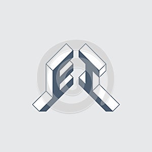 EI - 2-letter code. E and I - Monogram or logotype. Isometric 3d font for design. Volume alphabet. Three-dimension letters