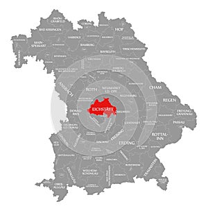 Eichstaett county red highlighted in map of Bavaria Germany