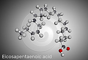 Eicosapentaenoic acid, EPA, icosapentaenoic acid, icosapent molecule. Molecular model. 3D rendering