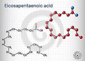 Eicosapentaenoic acid, EPA, icosapentaenoic acid, icosapent molecule. Sheet of paper in a cage