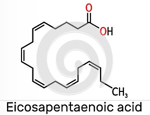 Eicosapentaenoic acid, EPA, icosapentaenoic acid, icosapent molecule. Skeletal chemical formula