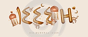 3D Realistic 1444 Hijriah Balloon with Lantern and Camel for Eid Mubarak Poster Design