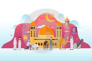 Eid adha mubarak with tiny people character design concept Hajj and Umrah season