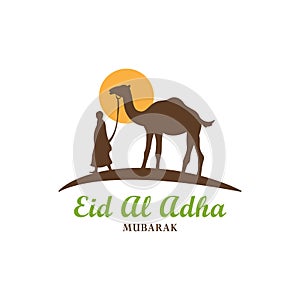 camel with people silhouette islamic element design, golden sun, minimal logo, eid al adha ornamental, religion vector