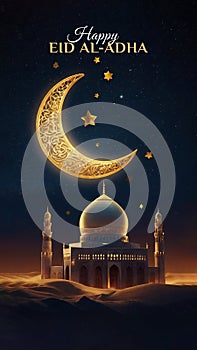 Eid Al-Adha - A 3D Render of a Photorealistic Mosque on a Star Night, Space for Text