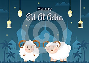 Eid al Adha Background Cartoon Illustration for the Celebration of Muslim with Slaughtering an Animal as a Cow, Goat or Camel