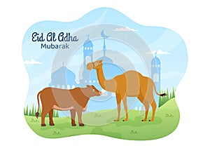 Eid al Adha Background Cartoon Illustration for the Celebration of Muslim with Slaughtering an Animal as a Cow, Goat or Camel