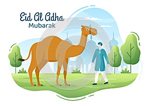 Eid al Adha Background Cartoon Illustration for the Celebration of Muslim with Slaughtering an Animal as a Cow, Goat or Camel