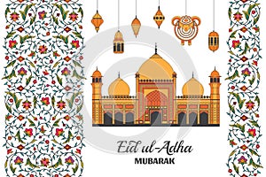 Eid al Adha Background. Islamic Arabic mosque, lanterns and sheep. Arabesque floral pattern. Branches with flowers