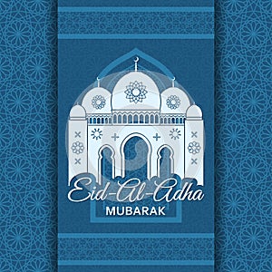 Eid Al Adha Background. Mosque and Islamic Arabic window. Greeting card